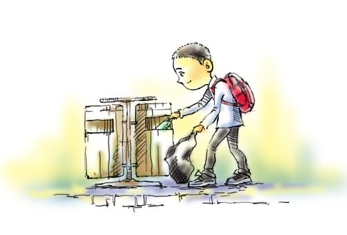 路边捡垃圾瓶的小男孩