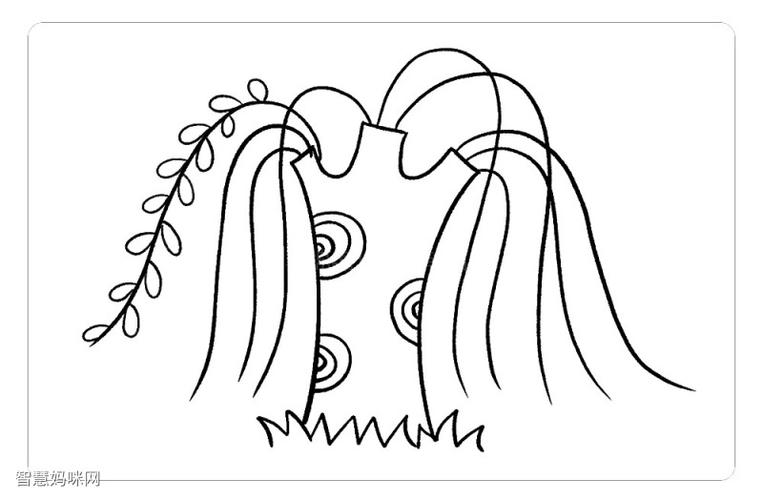 接着,简单画出柳树周边的风景:草地,湖水7. 小山,燕子和小鱼.8.