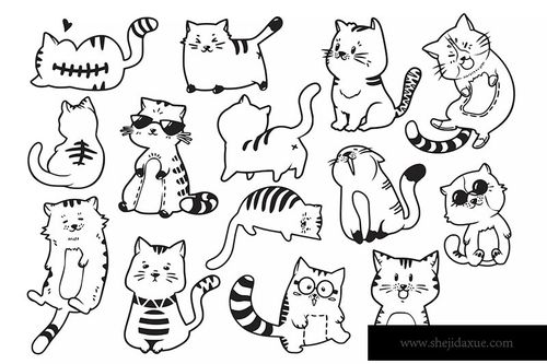 可爱有趣卡通猫涂鸦手绘矢量图案素材cuteandfunnycatsdoodlevector