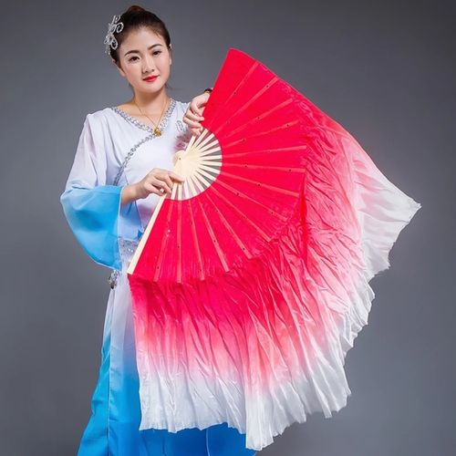 蓝白到染舞蹈扇子跳舞扇加长大人双面胶州秧歌扇演出大扇渐变舞