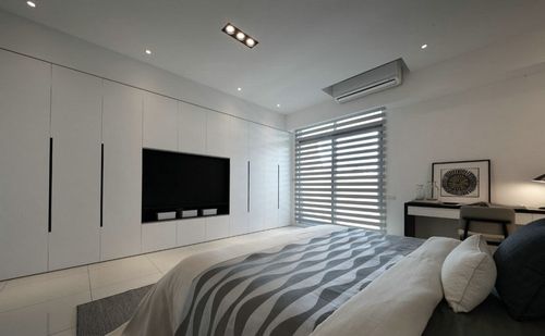 卧室壁挂式空调一半隐藏包在平面吊顶里效果图