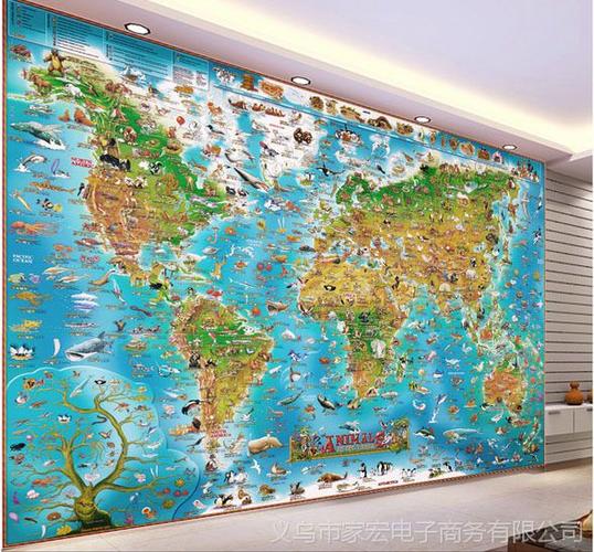 【动物世界地图客厅电视沙发背景无缝壁布大型壁画墙纸壁纸墙布】图片