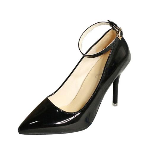 一字扣大码高跟鞋女细跟漆皮浅口性感尖头39 40 41 42 43 44 45