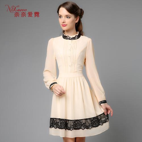 奈奈爱霓2014秋装新款大码女装 立领修身长袖蕾丝雪纺连衣裙6186