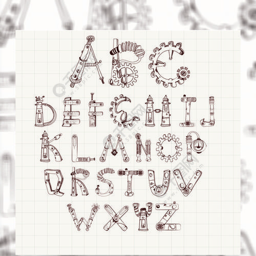 机械字母表钝齿轮abc信件在方格纸背景传染媒介例证设置了被隔绝机械