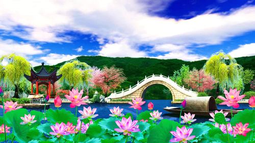 中国风小桥流水荷花凉亭舞台背景舞台背景