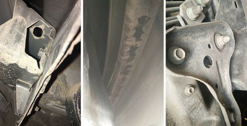 前后纵梁和防撞钢梁没有变形和焊接修复情况,元宝梁和横拉杆也都没有