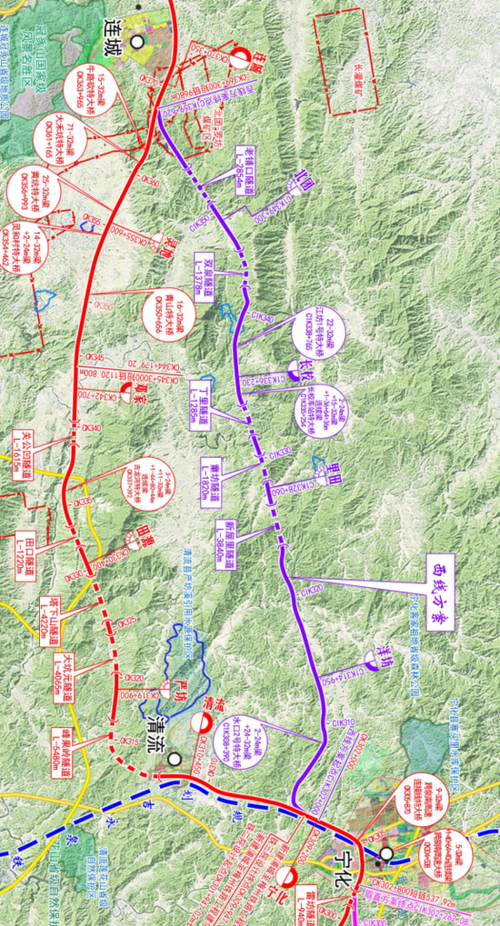 浦梅铁路连城至宁化段施工线路示意图.丁顺均 供图