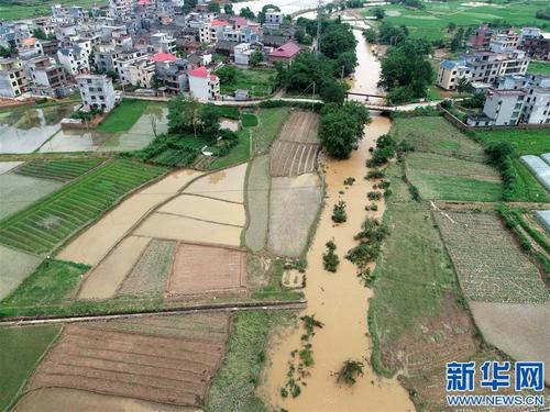 在江西省永新县莲洲乡土田村,不少农田被洪水冲毁(6月10日无人机