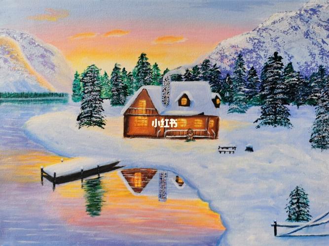 丙烯画:夕阳雪屋_夕阳_丙烯画_风景画_丙烯_雪景_冬天