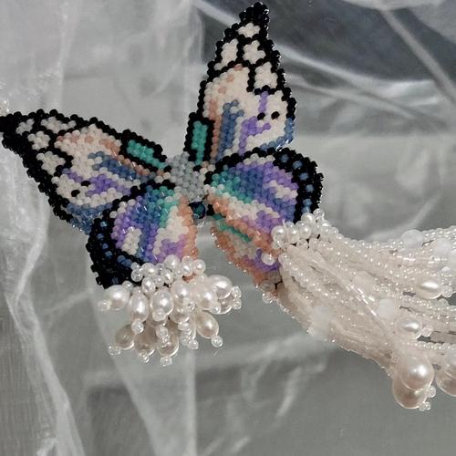 恋上蝶原创设计蝴蝶珍珠流苏耳饰纯手工串珠气质个性重工银针