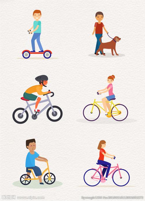卡通骑自行车玩平衡车遛狗的休闲图片