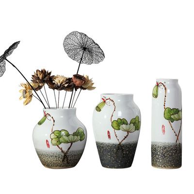 陶瓷花瓶三件套 创意花卉家居中式摆件家居手绘陶瓷土陶工艺品