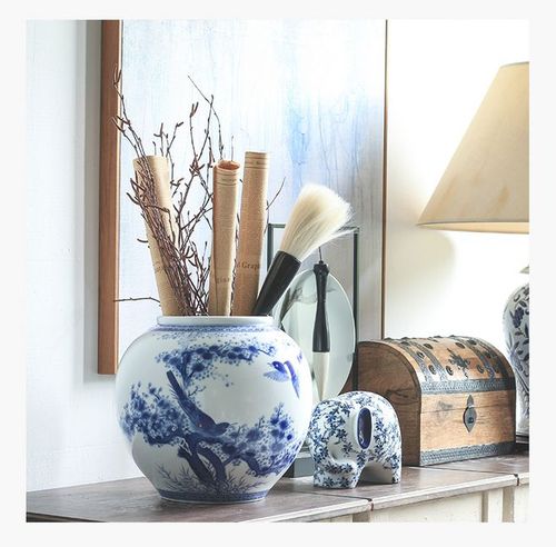 【清汤卧果】新品新中式陶瓷青花瓷喜鹊梅花 仿古花瓶插花摆件-淘宝网