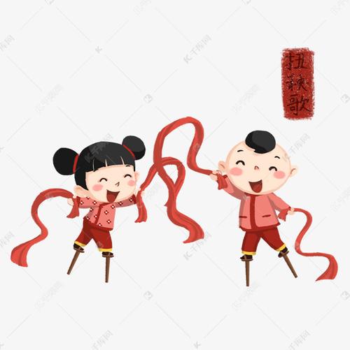 卡通手绘小孩扭秧歌踩高跷