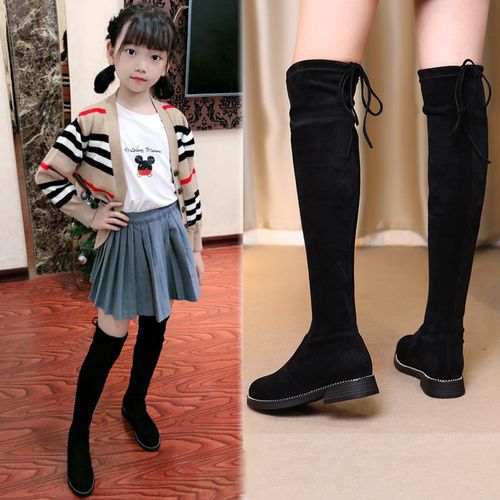 女童长筒靴子2021春秋单靴儿童过膝长靴中大童高筒女孩公主弹力靴