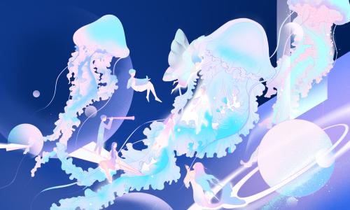 元宇宙星云水母少年少女未来梦幻沉浸插画