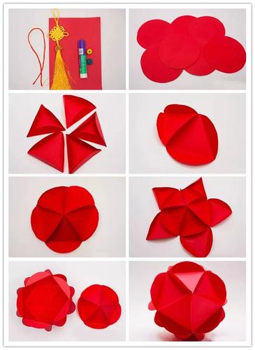 在春节里,挂红灯笼,贴红纸,发红包 用红红的彩纸做一个绣球灯笼, 来