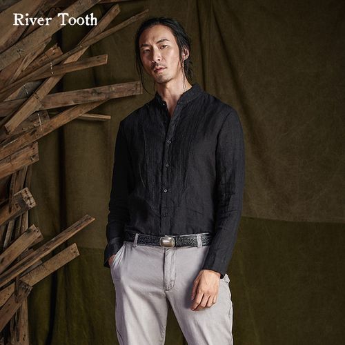 购客rivertooth亚麻衬衫达衣岩男装男长袖秋季潮立领黑色商务休闲衬衣