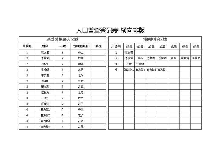 人口普查登记表横向排版xlsx1页