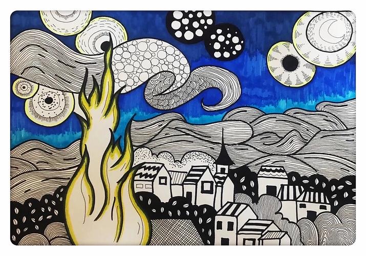 经典名画梵高的星空线描再创作