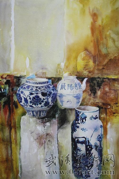 青花瓷罐三个色彩作品