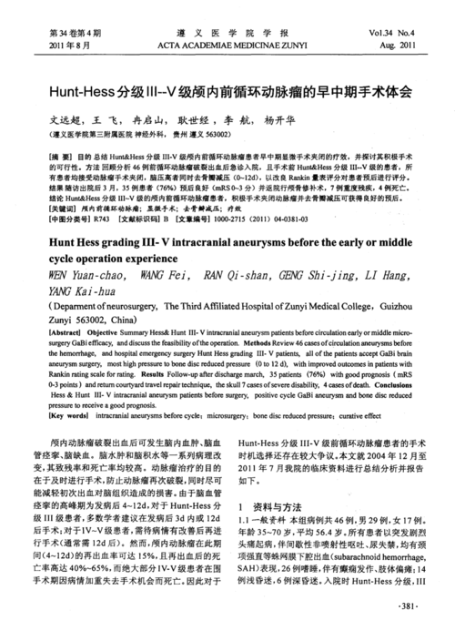 hunt-hess分级Ⅲ-v级颅内前循环动脉瘤的早中期手术体会