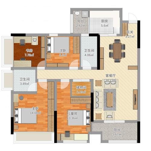 山语城3室2厅2卫1厨128.00㎡户型图