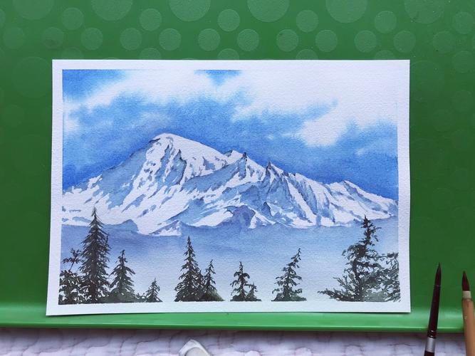 水彩临摹雪山