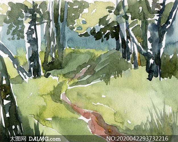 树林中的一条小路风光绘画高清图片