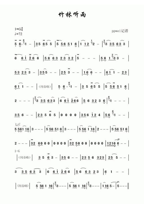 求洞箫曲《竹林听雨》的曲谱