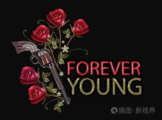 刺绣玫瑰和旧枪, 哥特式印刷品, 服装, 纺织品, t恤设计.