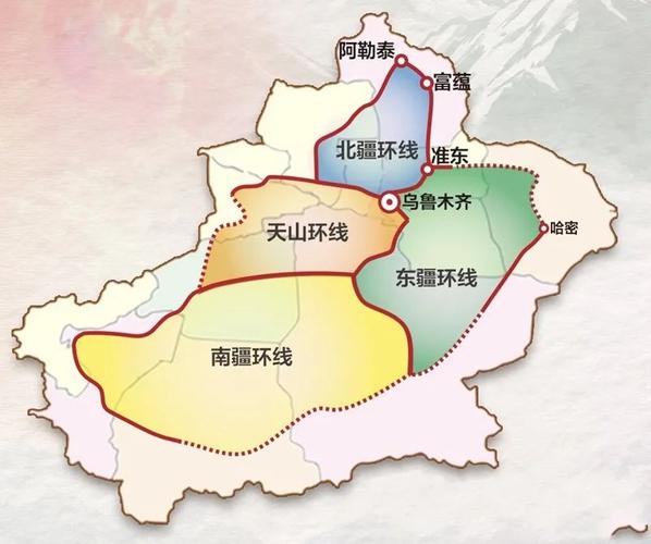 北疆铁路环线:将乌鲁木齐,石河子,奎屯,克拉玛依,福海,阿勒泰,富蕴