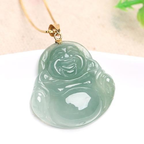 印象眸a货翡翠佛公玉吊坠18k金镶玉弥勒佛挂件大肚笑佛玉石坠子女款