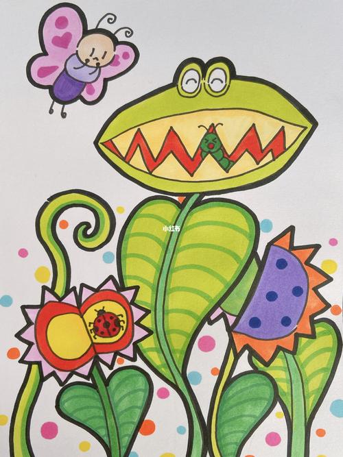 原创捕蝇草食虫草食人花儿童画简笔画马克笔_儿童画_简笔画_马克笔