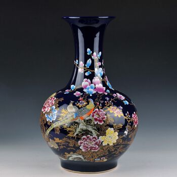 景德镇落地陶瓷大花瓶宝蓝锦鸡牡丹大号赏瓶中欧式古典装饰摆件