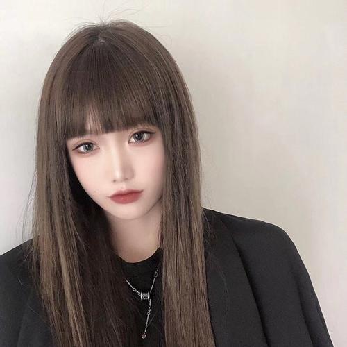 减龄发型全头套假发女长发自然冷棕色长直发时尚空气刘海头套