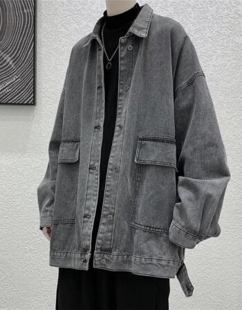 外套男春秋新款韩版潮流宽松复古牛仔衣休闲百搭帅气情侣夹克黑灰色s