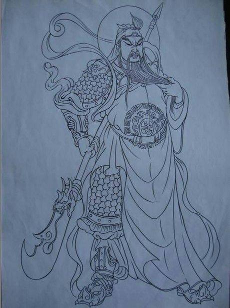 满背关公线条纹身手稿