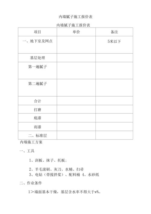 内墙腻子施工报价表