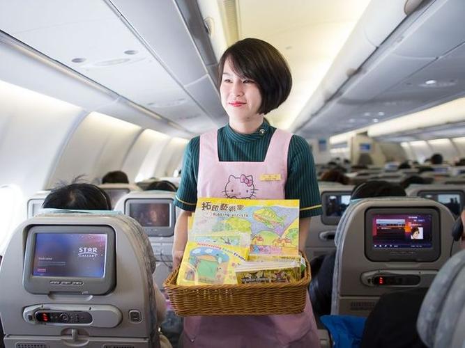 a flight attendant passes out a variety of toys for