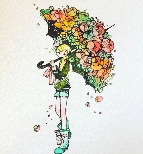 水彩手绘,超有创意的花儿与少女