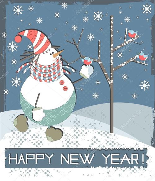 名称:快乐,新年贺卡与雪人