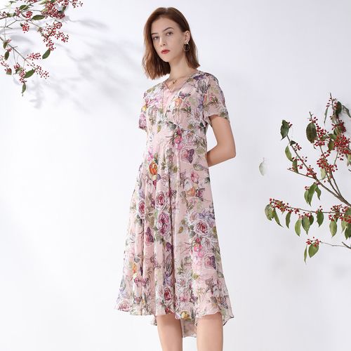 100%桑蚕丝】新款v领印花春夏中长款连衣裙桑蚕丝真丝