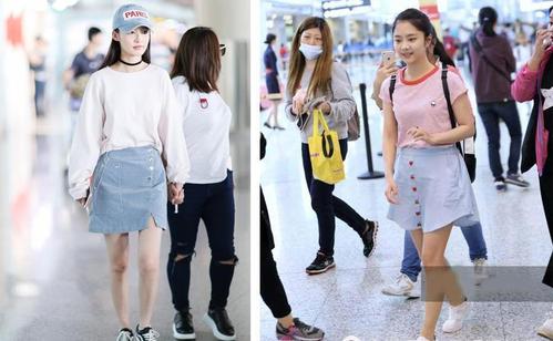 谭松韵和李沁在机场罕见撞衫两人同样是27岁身材却相差几条街