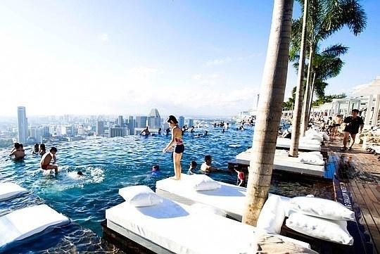 新加坡marina bay sands酒店楼顶的无限泳池,新加坡城市风光尽收眼底.