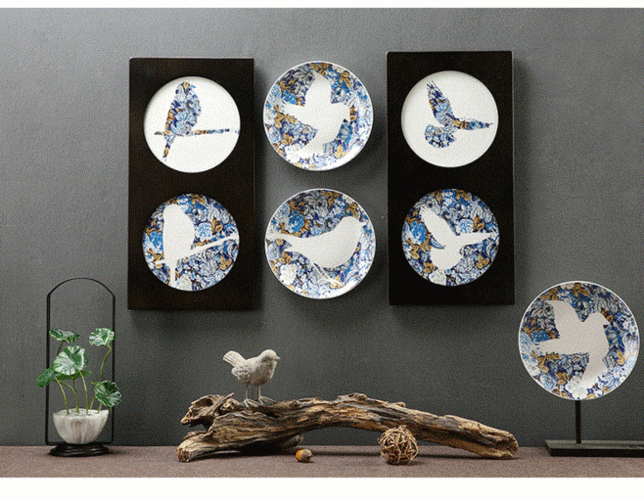 新中式花鸟挂盘墙饰样板房挂饰陶瓷壁饰墙上装饰品客厅背景墙装饰