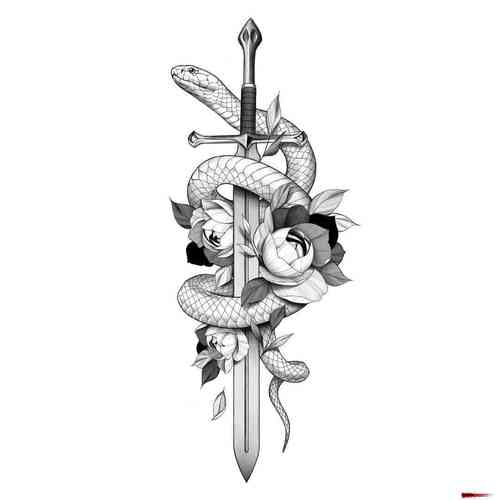 黑灰小图纹身手稿剑与蛇