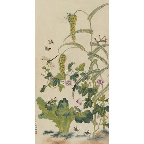 蒋廷锡款清工笔花鸟鱼虫图设色纸本立轴