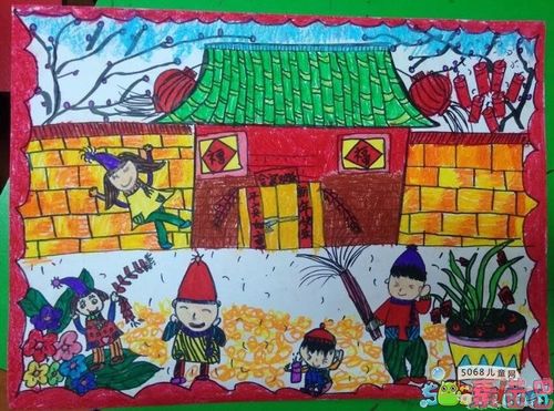 新年放鞭炮鸡年儿童画作品